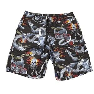Y2K VTG Harley Davidson Flame Skull Dragon Graphic Board Shorts Swim Trunks L